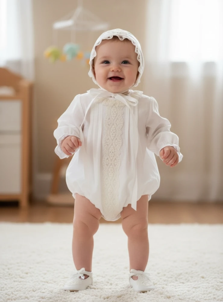 Alba collection linen romper and bonnet set
