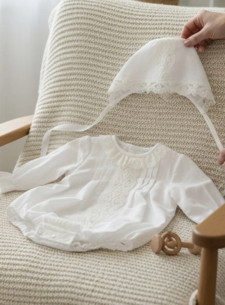 Alba collection linen romper and bonnet set