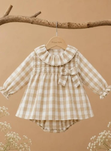 Anette Camel Plaid Baby Dress with Panties