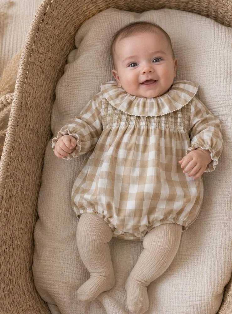 Anette Camel Plaid Romper for Boys