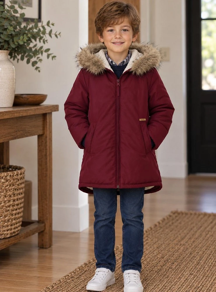 Anorak niño burdeos con borreguito y capucha