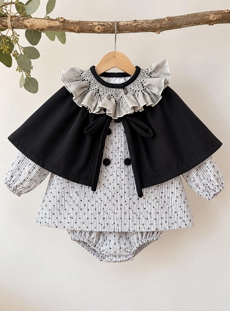 Azabache Collection: Smocked dress, bloomers, and velvet cape set.