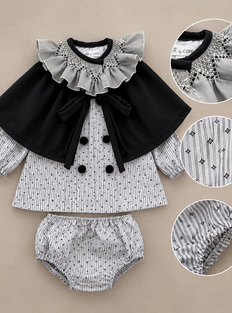 Azabache Collection: Smocked dress, bloomers, and velvet cape set.