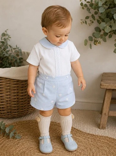 Baby blouse and bloomer set in beige and light blue