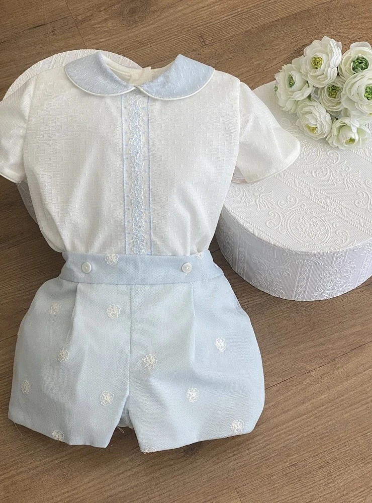 Baby blouse and bloomer set in beige and light blue