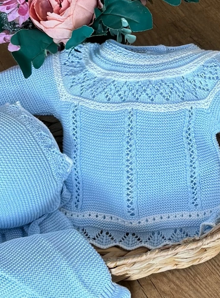Baby blue and white three-piece summer knit set