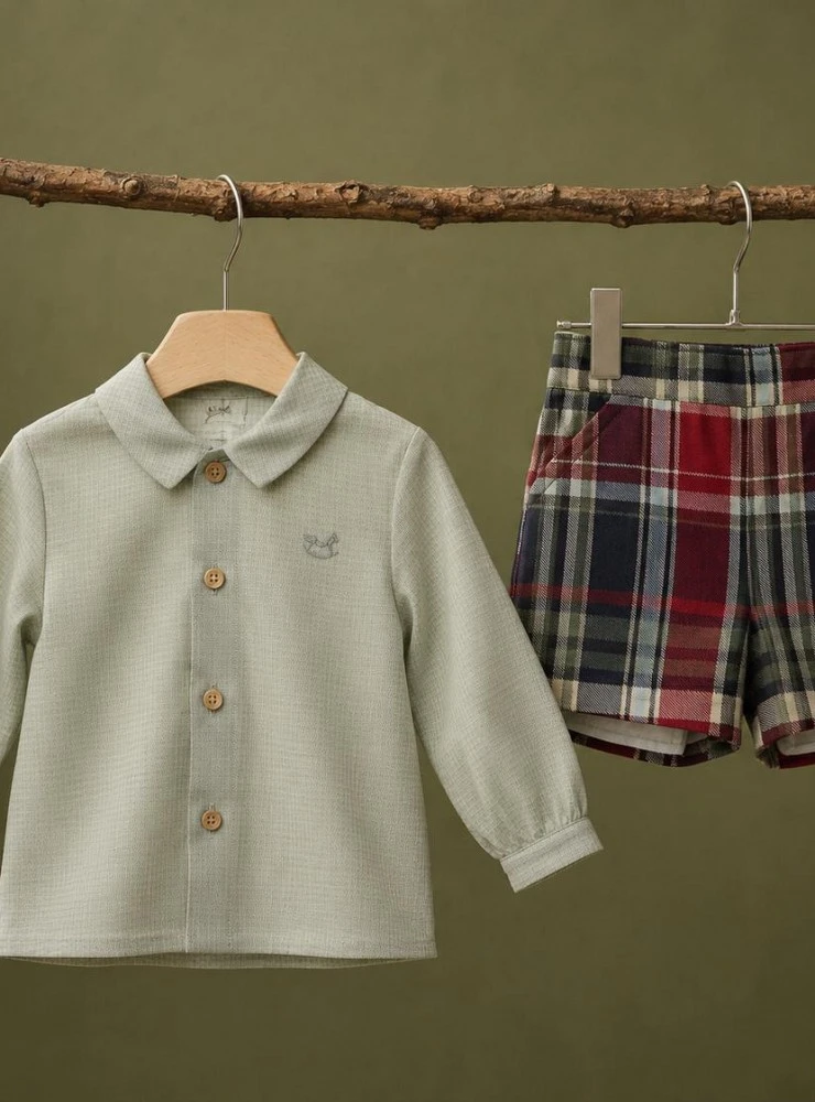 Baby boy outfit: dusty green shirt and plaid trousers, Easter collection