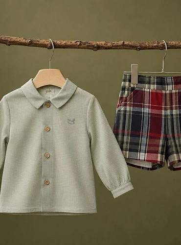 Baby boy outfit: dusty green shirt and plaid trousers, Easter collection