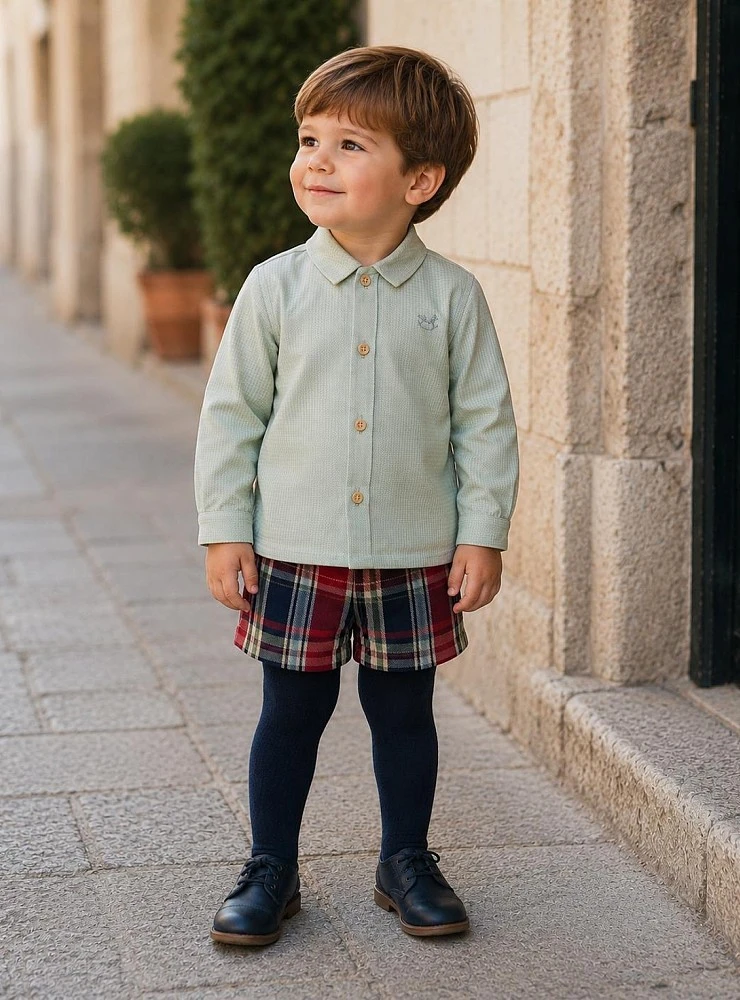 Baby boy outfit: dusty green shirt and plaid trousers, Easter collection