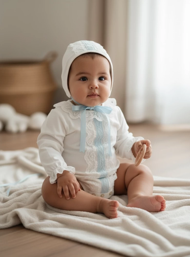 Baby boy romper and bonnet set in white and light blue organdy