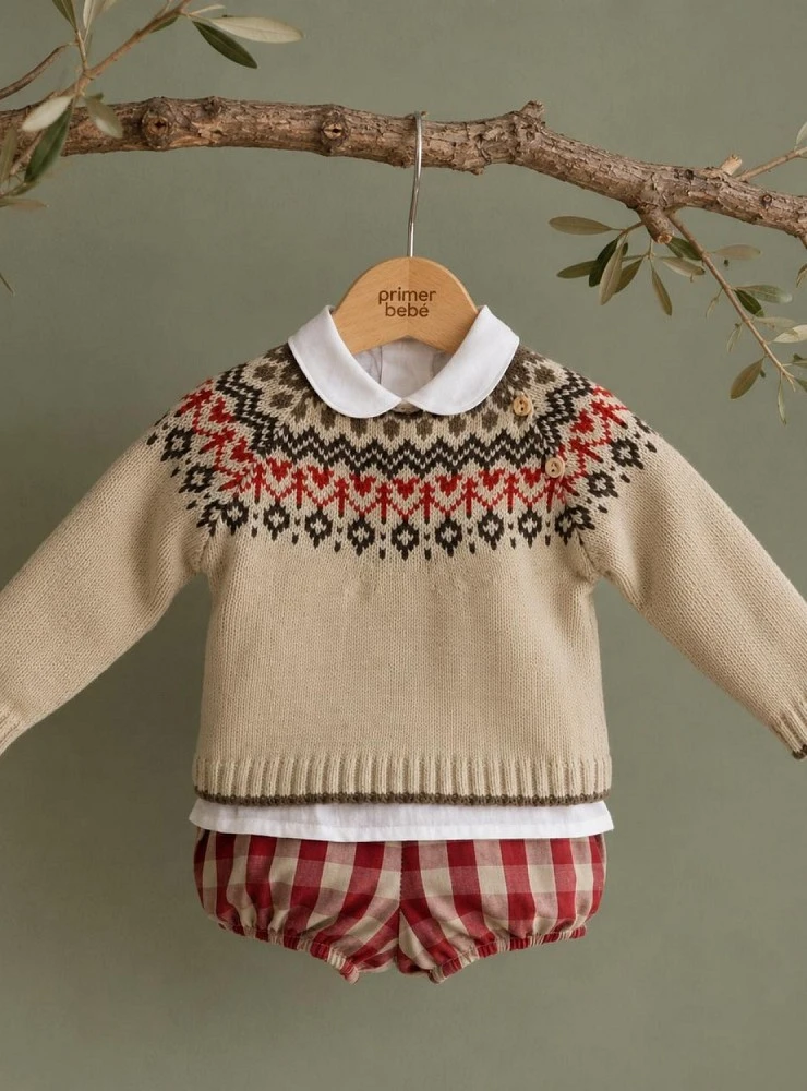 Baby boy three-piece set: knitted sweater, blouse and bloomers, Burgundy collection