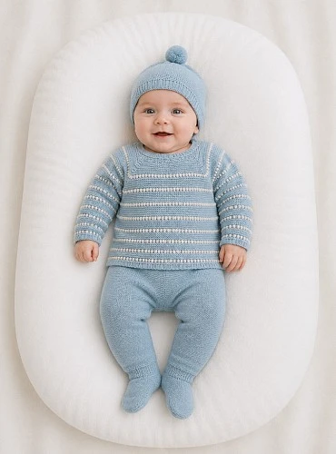 Baby boy's knitted outfit with blue hat