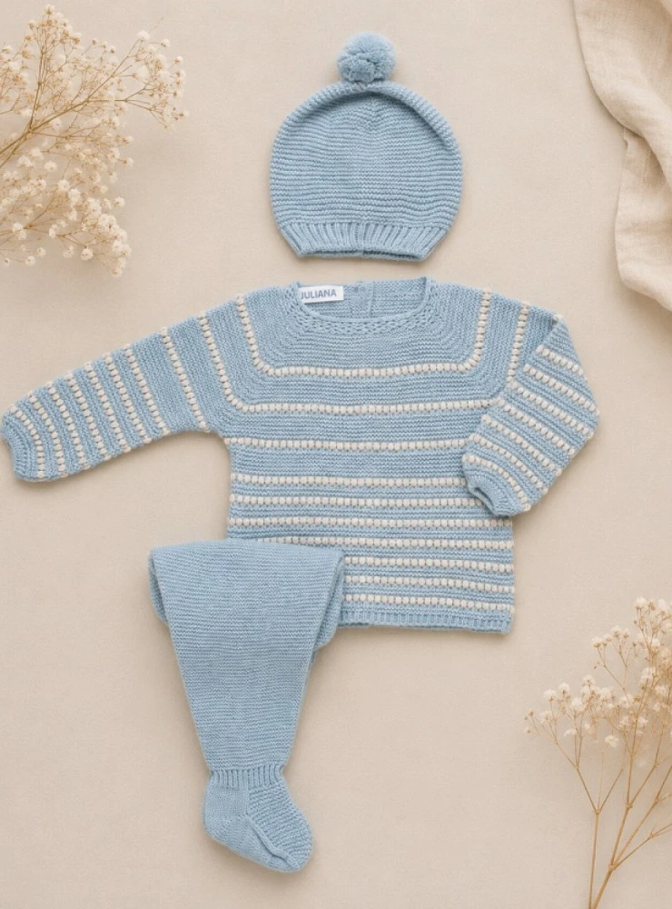 Baby boy's knitted outfit with blue hat