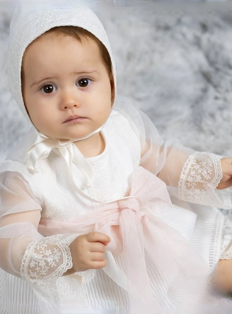 Baby ceremony dress with bloomers and bonnet