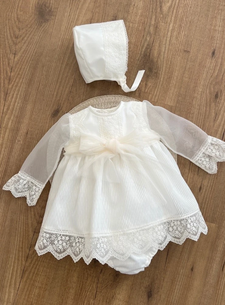 Baby ceremony dress with bloomers and bonnet