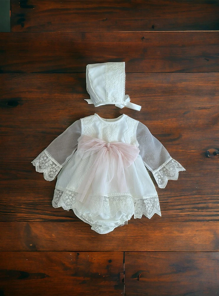 Baby ceremony dress with bloomers and bonnet