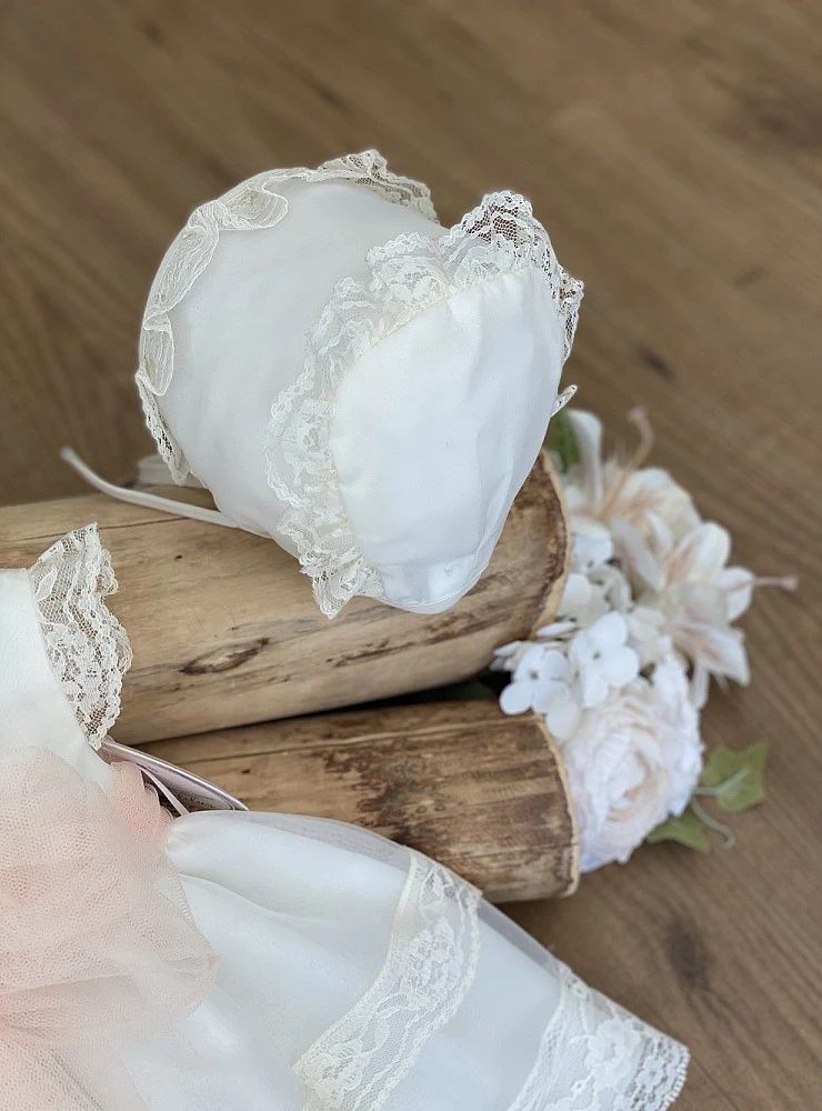 Baby christening dress and bonnet set in beige organza