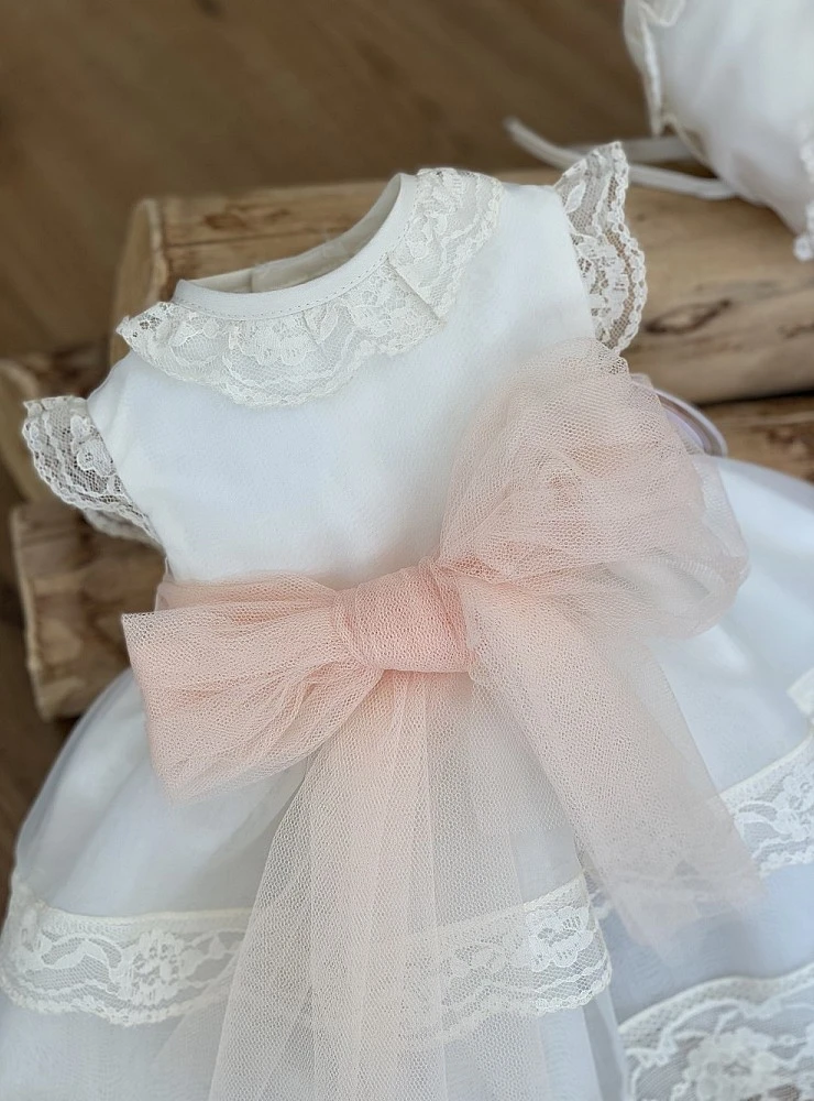 Baby christening dress and bonnet set in beige organza