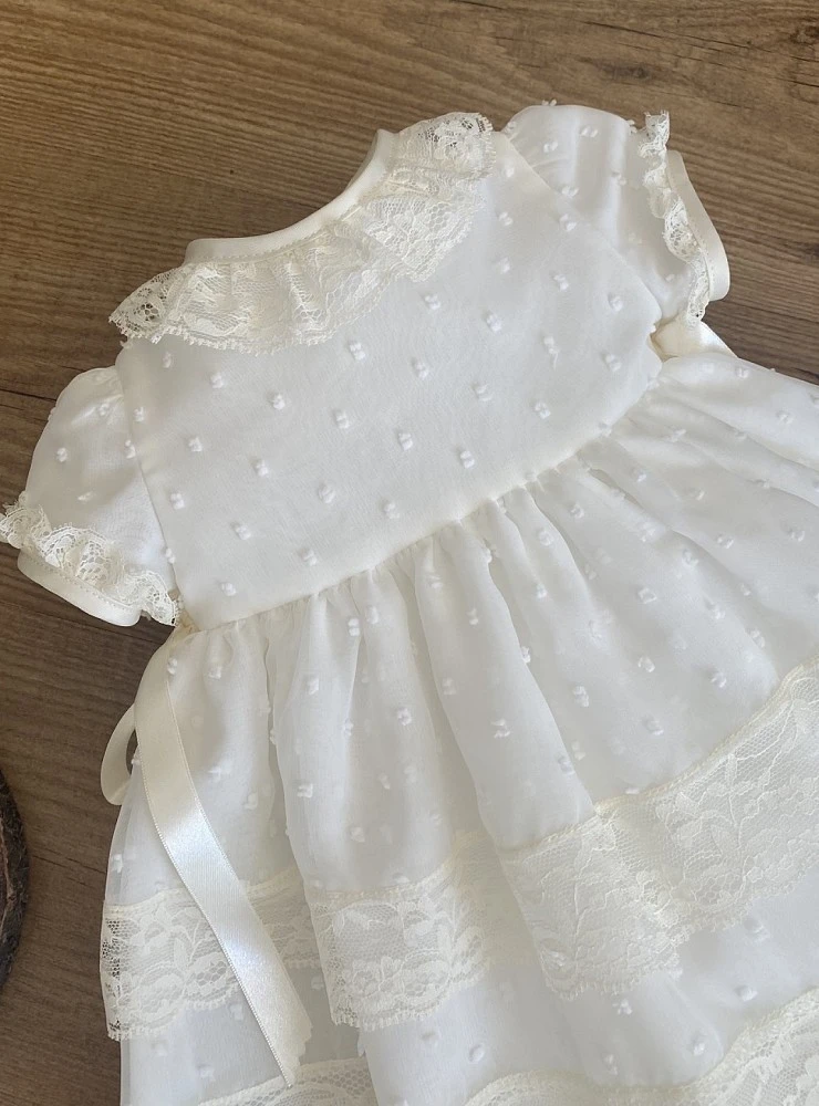 Baby christening dress and bonnet set in chiffon plumeti