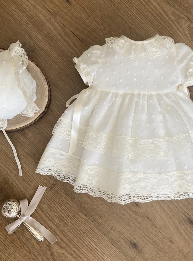 Baby christening dress and bonnet set in chiffon plumeti