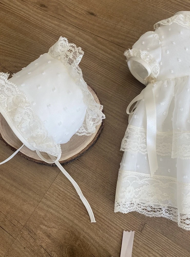 Baby christening dress and bonnet set in chiffon plumeti
