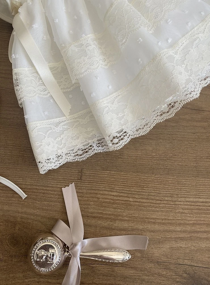 Baby christening dress and bonnet set in chiffon plumeti