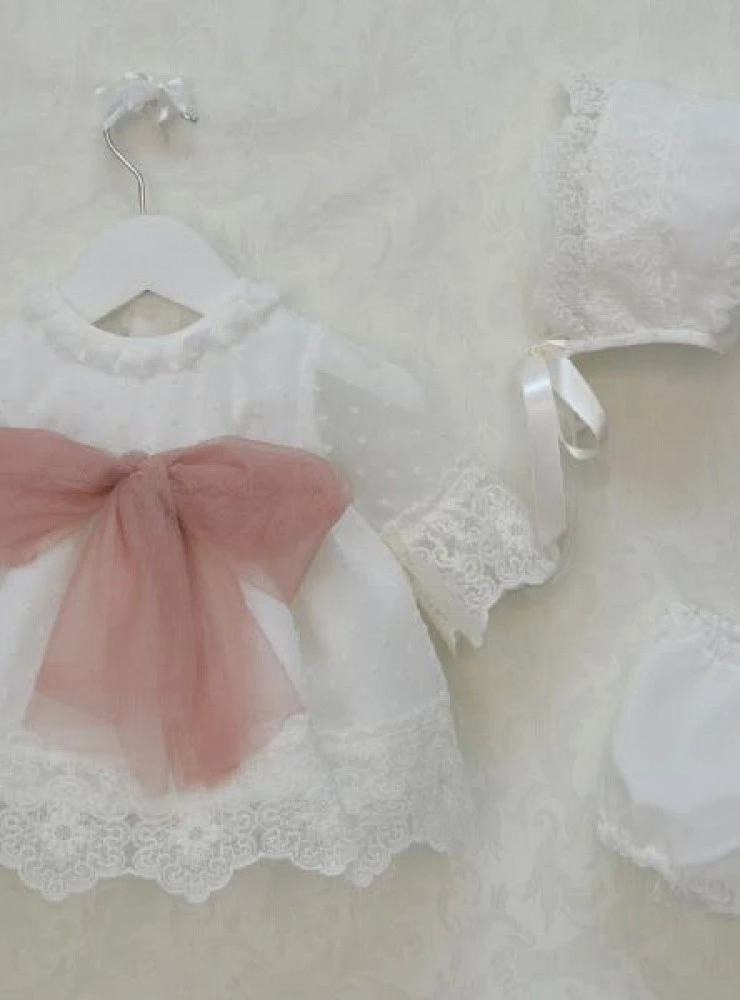 Baby christening dress, bonnet and bloomers set