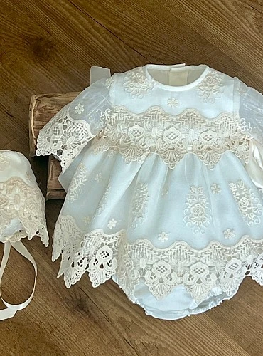 Baby christening gown with bonnet and bloomers, Fairy collection