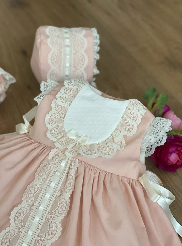 Baby dress and bonnet set in pink and beige