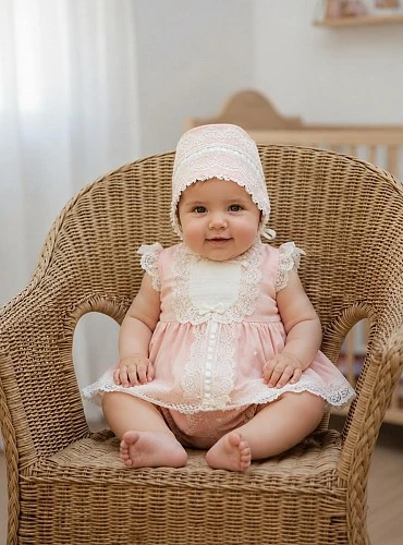 Baby dress and bonnet set in pink and beige