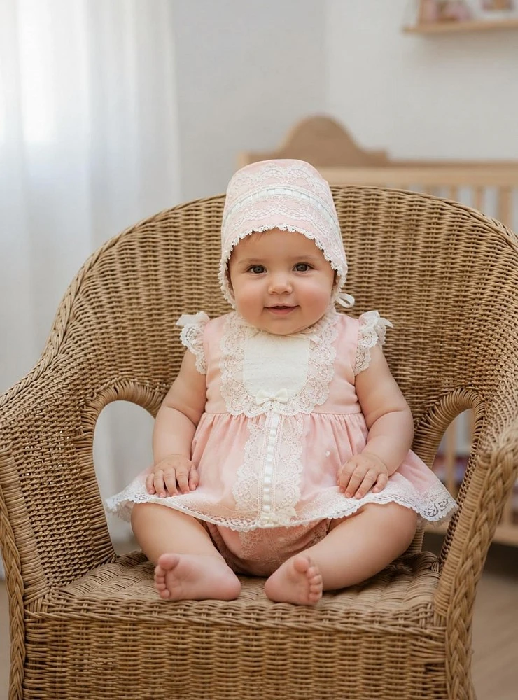 Baby dress and bonnet set in pink and beige