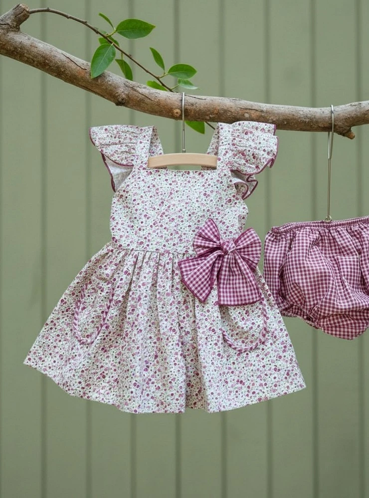 Baby dress set with Liberty print panties and gingham print