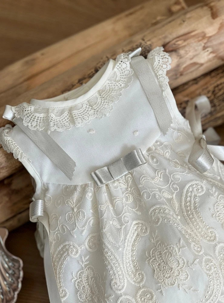 Baby dress with bonnet and bloomers in beige embroidered tulle
