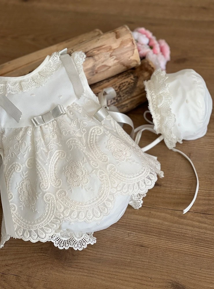 Baby dress with bonnet and bloomers in beige embroidered tulle