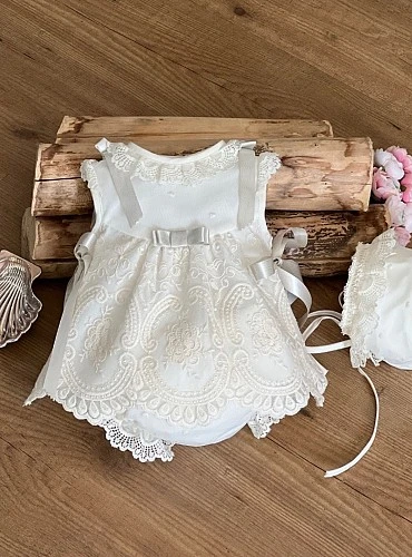 Baby dress with bonnet and bloomers in beige embroidered tulle