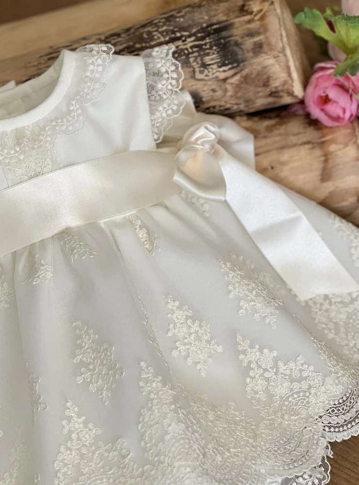 Baby dress with bonnet and bloomers in embroidered organza