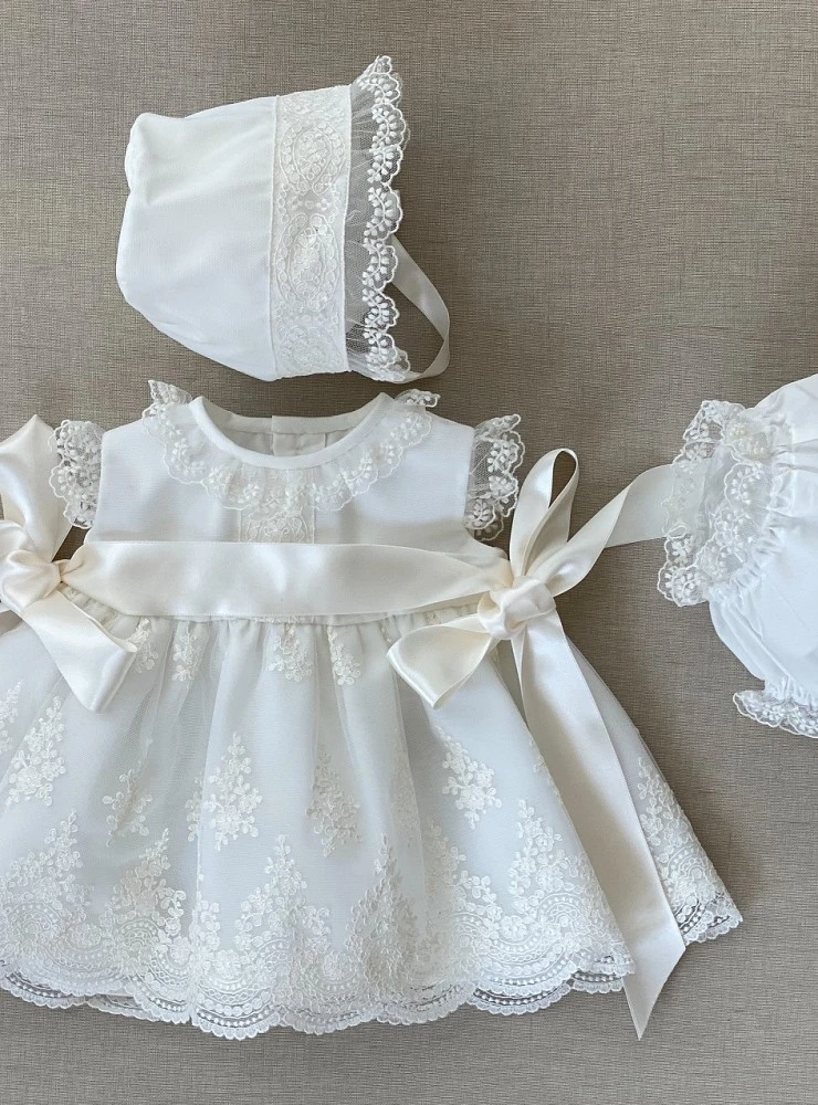 Baby dress with bonnet and bloomers in embroidered organza