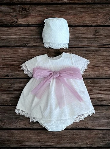 Baby dress with bonnet and embroidered tulle bloomers in cream color
