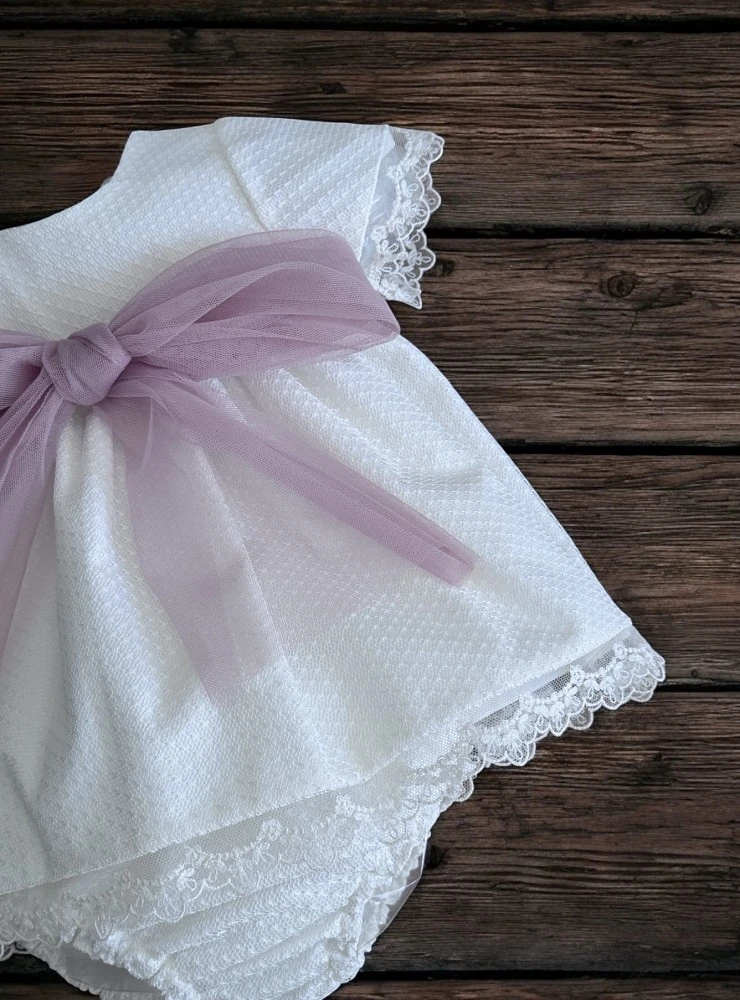 Baby dress with bonnet and embroidered tulle bloomers in cream color