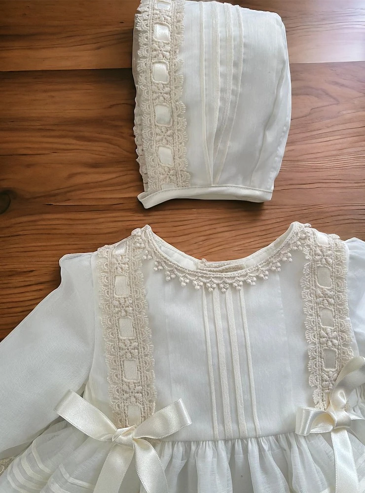Baby Girl Christening Dress with Bonnet, Walnut Collection