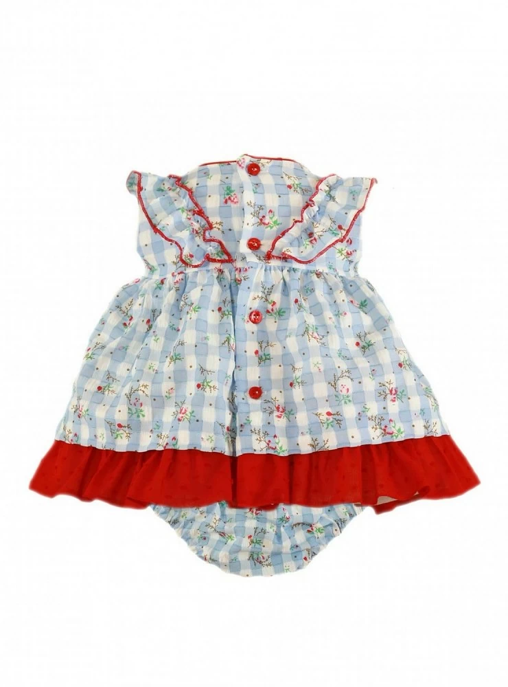 Baby girl light blue gingham dress with red plumeti