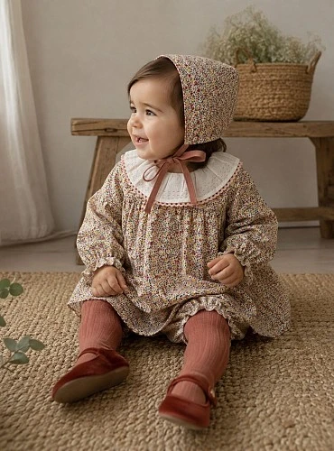 Baby girl outfit, bonnet and bloomers, Cascabel Collection