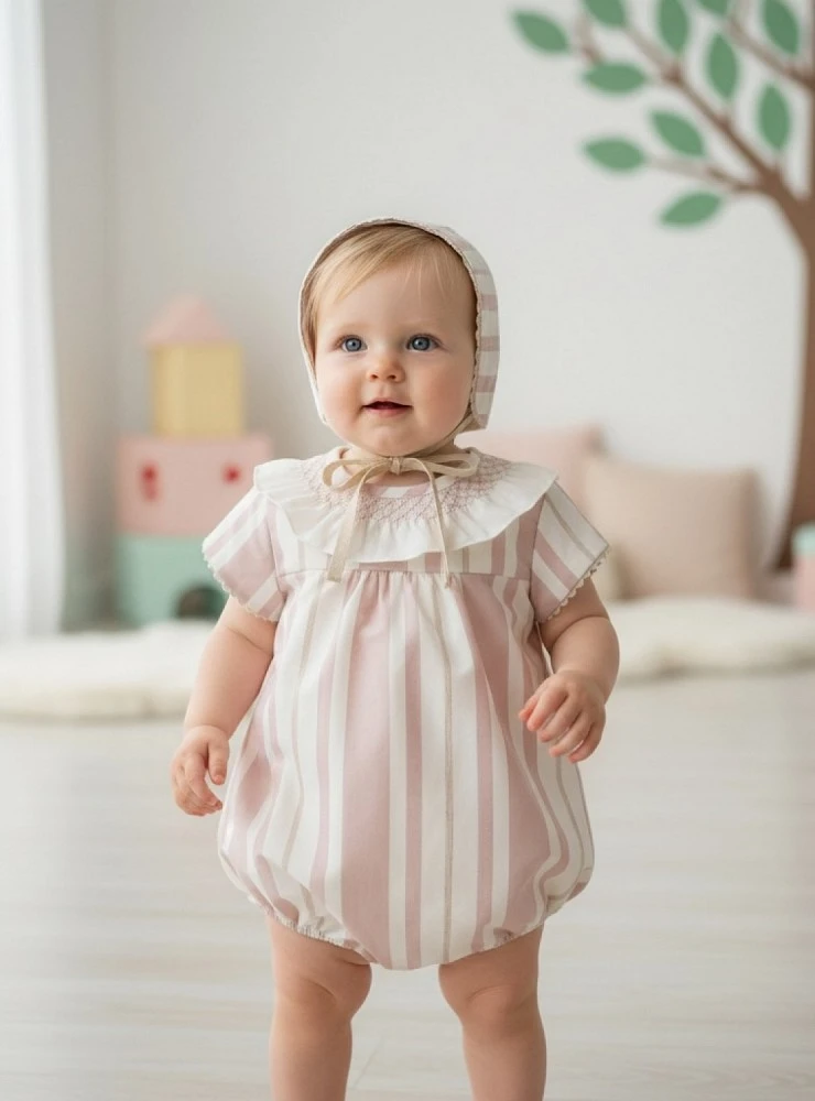 Baby girl romper and bonnet set from the Porcelain Collection