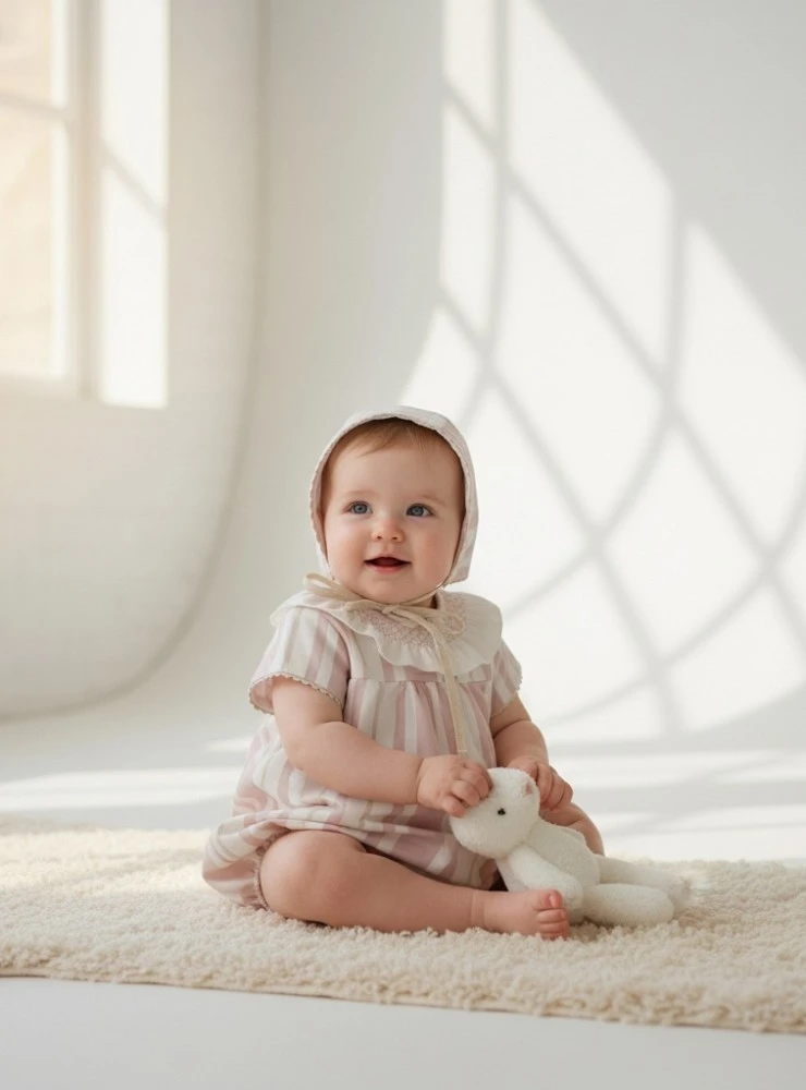 Baby girl romper and bonnet set from the Porcelain Collection