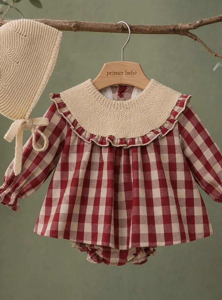 Baby girl three-piece set: plaid blouse, bloomers and bonnet, Cherry collection