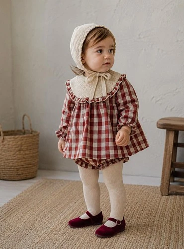 Baby girl three-piece set: plaid blouse, bloomers and bonnet, Cherry collection