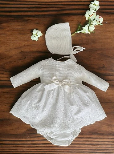 Baby Girl's Christening Gown with Bloomers and Bonnet, Dalia Collection