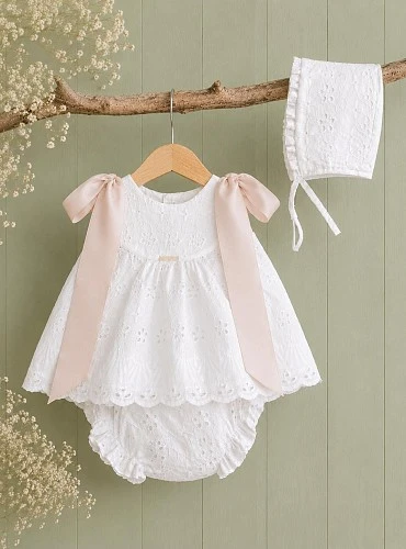 Baby girl's christening gown with bonnet and bloomers. Mother-of-pearl collection.
