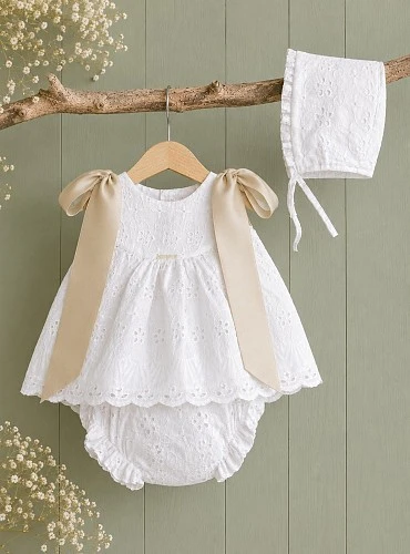 Baby girl's christening gown with bonnet and bloomers. Mother-of-pearl collection.
