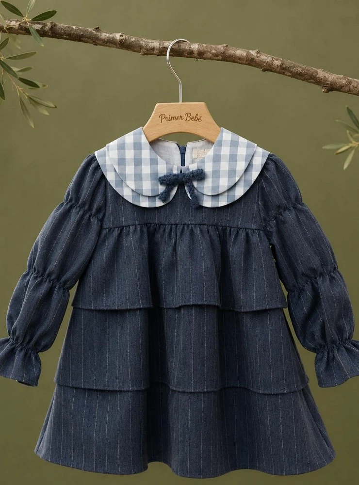 Baby girl's blue dress with plaid collar | Nieves Collection